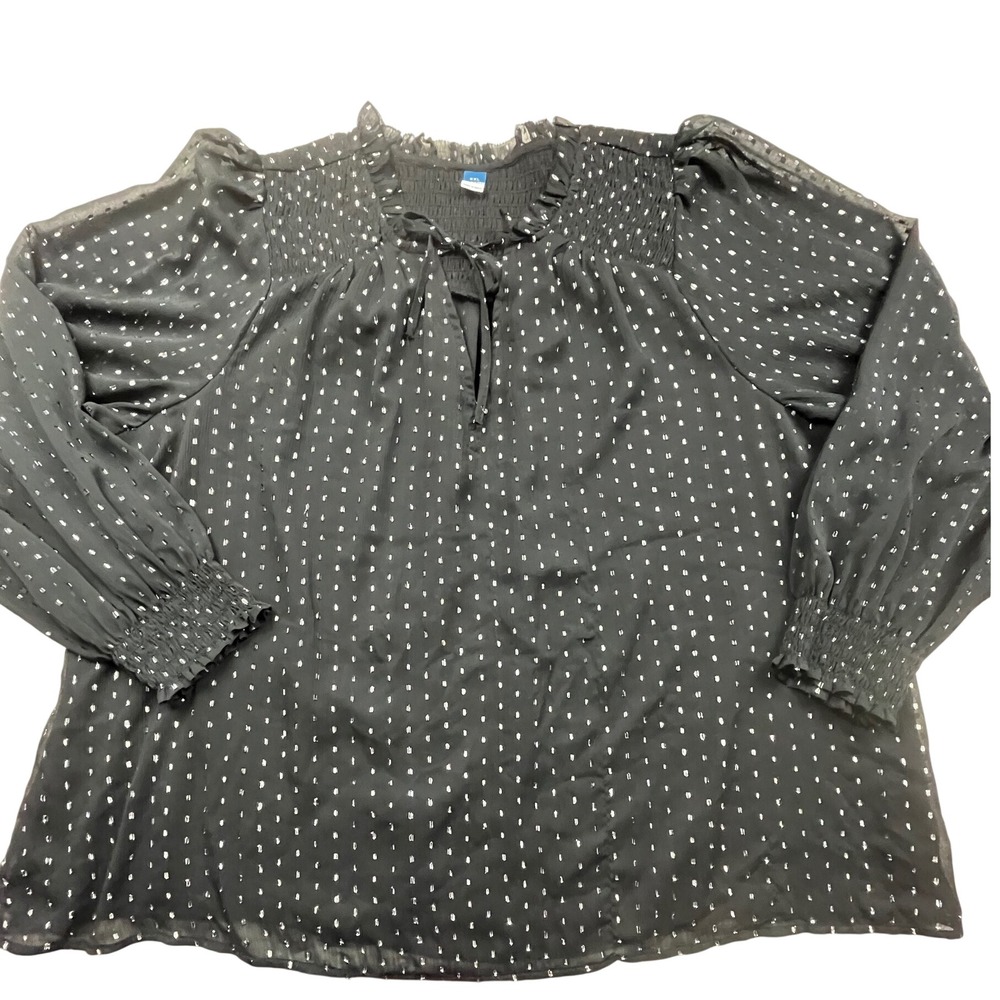 Old Navy Womens XXL Black Metallic Silver Clip Dot Smocked Ruffle Blouse Top